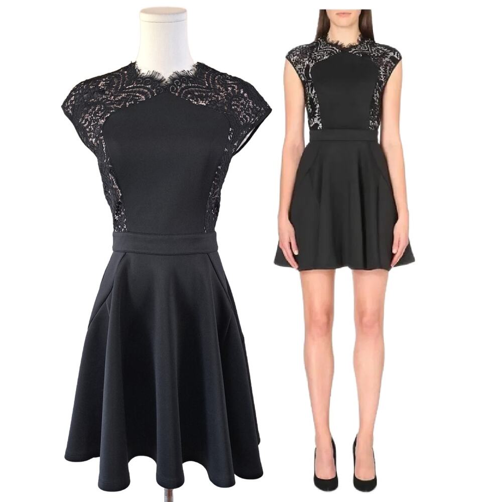 Ted Baker London Vivace Lace Yoke Skater Dress Size 4 Small Black Mini Cocktail